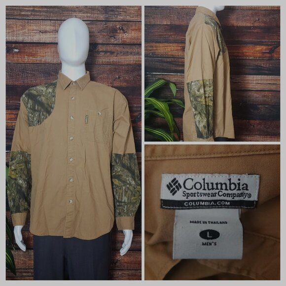 Columbia Top Mens Large Button Up Shirt Hunting Shooting Camo Patch Brown - Picture 1 of 8